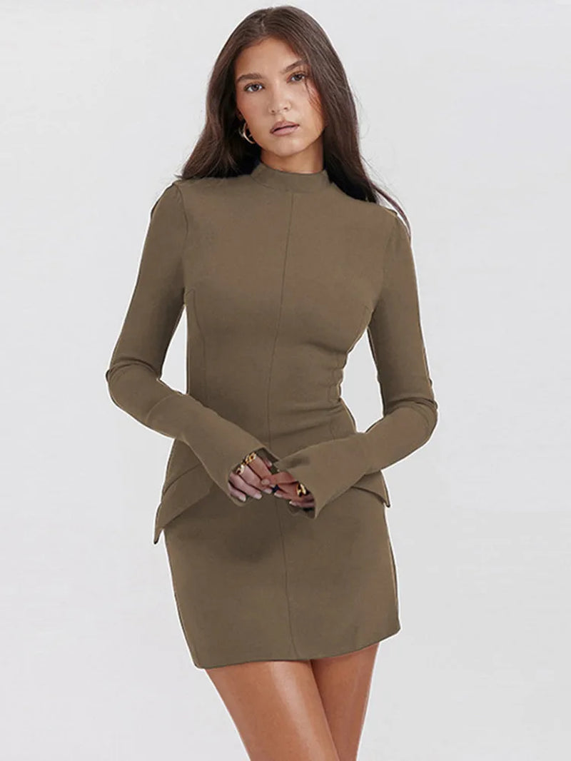  Two Pocket  Mini Dress for Women 2023 Autumn Winter New Long Sleeve Bodycon Club Party Dress Elegant