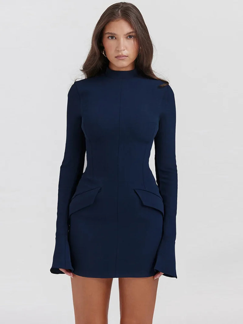  Two Pocket  Mini Dress for Women 2023 Autumn Winter New Long Sleeve Bodycon Club Party Dress Elegant