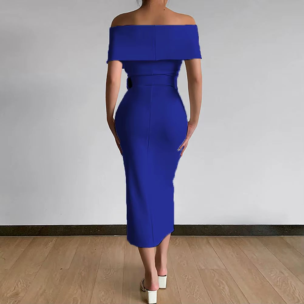 Evening Dress Belt Party Dress Front Split Hem Slim Fit Evening Midi Dress