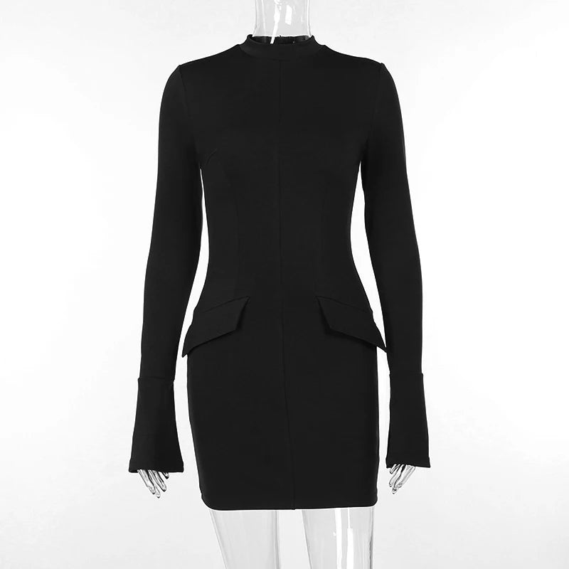  Two Pocket  Mini Dress for Women 2023 Autumn Winter New Long Sleeve Bodycon Club Party Dress Elegant